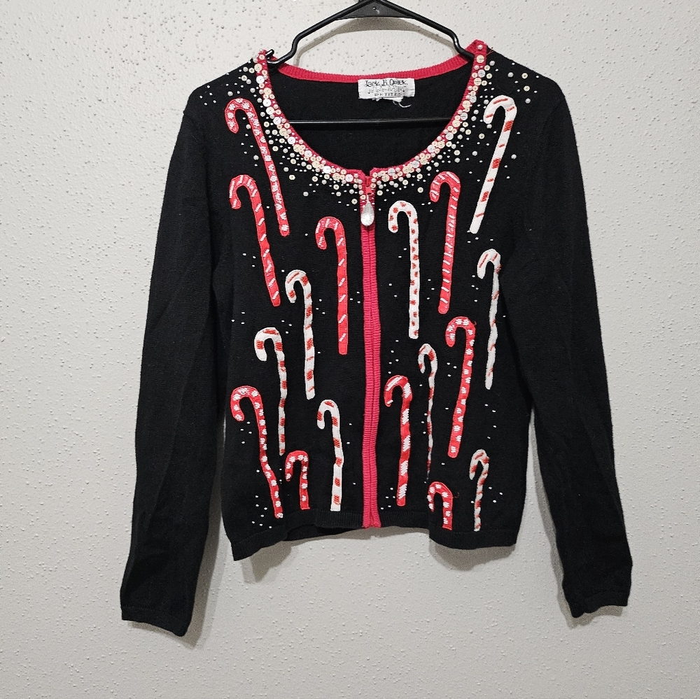 Jack B Quick Petites Candy Cane Christmas Beaded Cardigan Sweater PM